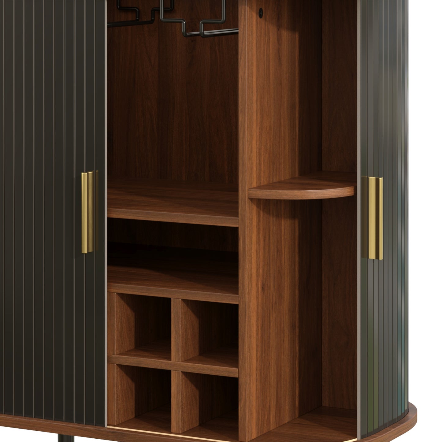 28" Fluted Wine Bar Cabinet with 8-Grid Wine Rack, 5-Level Adjustable Shelves, 2 Glass Holders, Smoothly Sliding Tambour Doors, 4 Hidden Storage Space on the Side, Modern Liquor Coffee Station, Black image 12