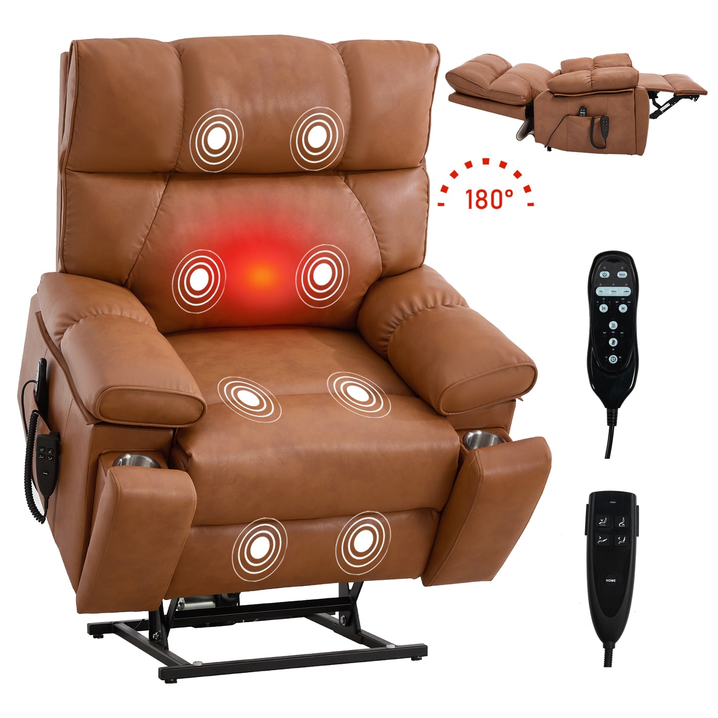 Orange Leatheraire Heat Massage Dual Motor Infinite Position Up to 350 LBS Large Electric Power Lift Recliners with Hidden Cup Holders, Power-Remote, Medium-firm and Heavy Duty image 12