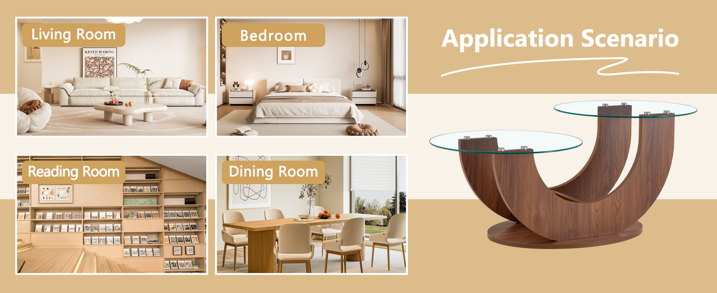 Creative U-Shaped Double-Tier Glass Coffee Table with Walnut MDF Base - packaged product box