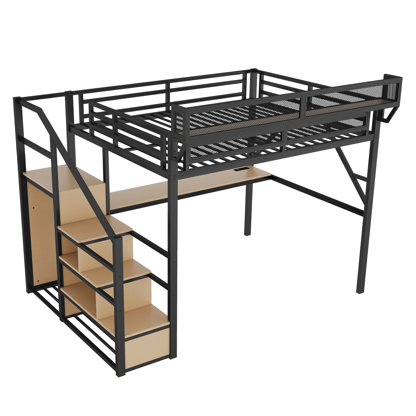Queen Loft Bed with Desk and Charging Station, Queen Size Metal Loft Bed with Stairs and Light for Kids Teens, Black, Patent Products(OldSKU W2580S00044) image 12