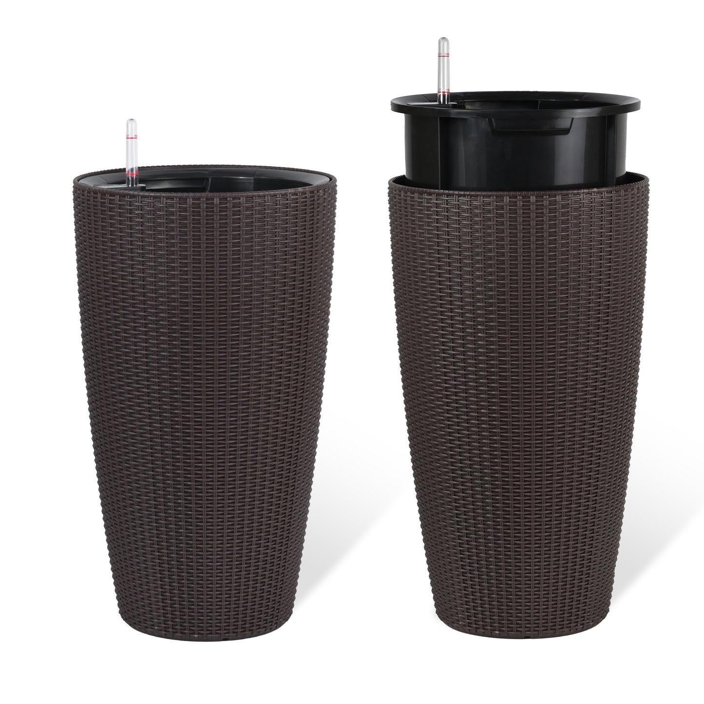 Set of 2 Faux Rattan Tall Planters Outdoor Indoor Large Planters with Water Level Monitor Inner Bucket, Automatic Watering, Flower Plant Pots for Garden, Patio, Porch, Backyard (Brown, 22 inch) image 11