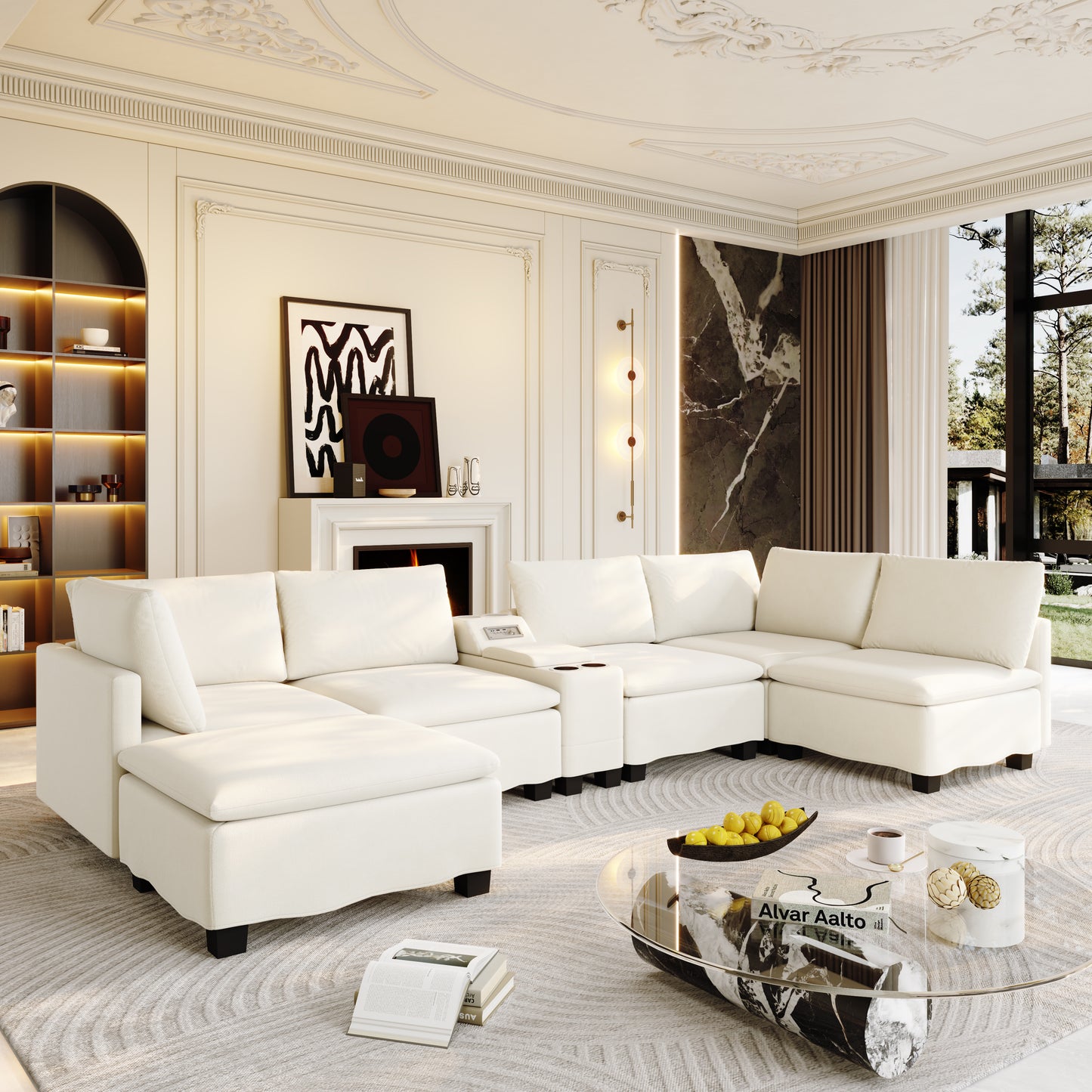 121.2" Modular U-Shaped Cloud Sectional Sofa with Movable Ottoman, Chenille Convertible Sofa Bed with Hidden Storage&USB Ports&Cup Holders&Bluetooth Speaker for Living Room, Apartments, Beige/White image 12