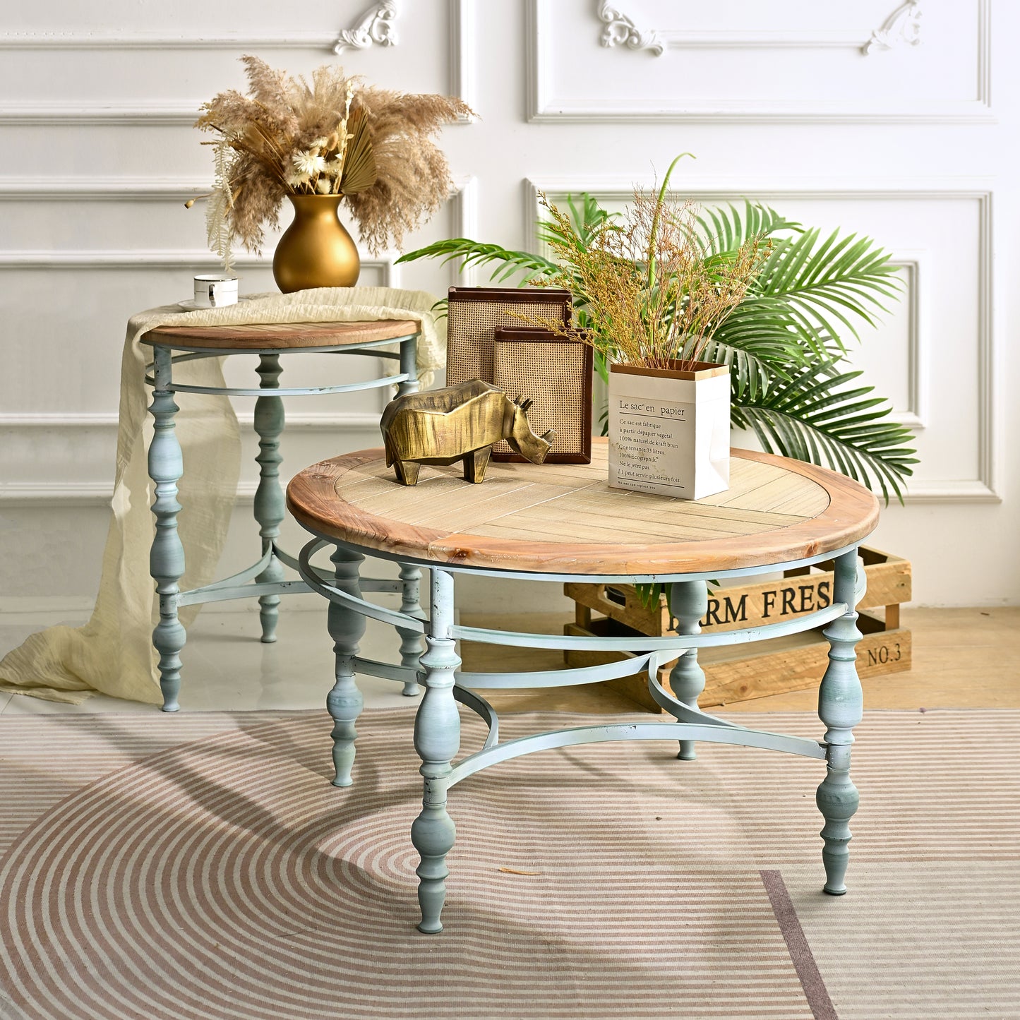 Easy Assembly 20.08" Accent Rustic Wooden Carved Coffee Table, Round Wooden Top Metal Leg Round End Table For Living Room image 12