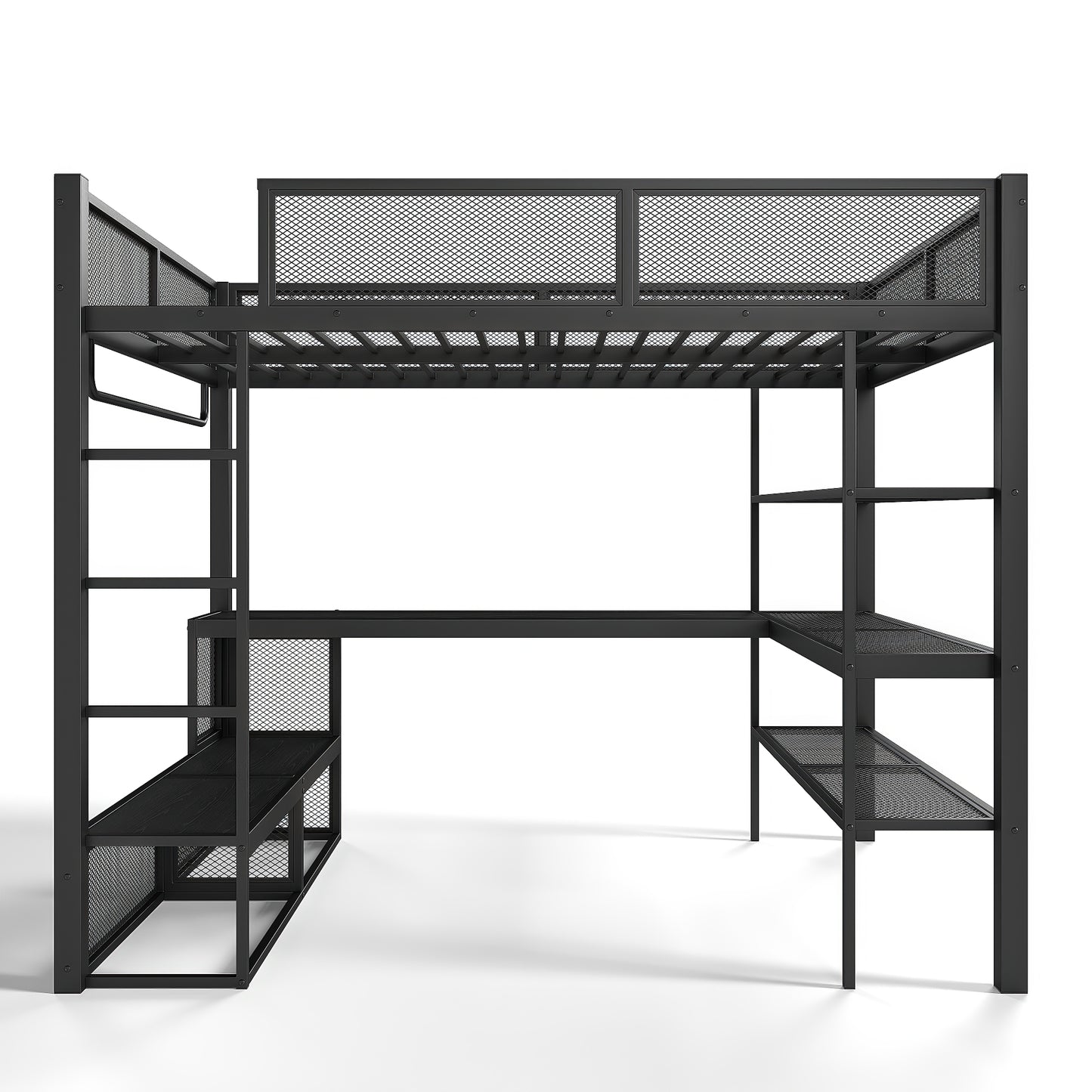 Queen Size Loft Bed with Storage Shelves, Metal Loft Bed with Clothes Hanging Rod and Desk, No Box Spring Needed Design, Black image 12