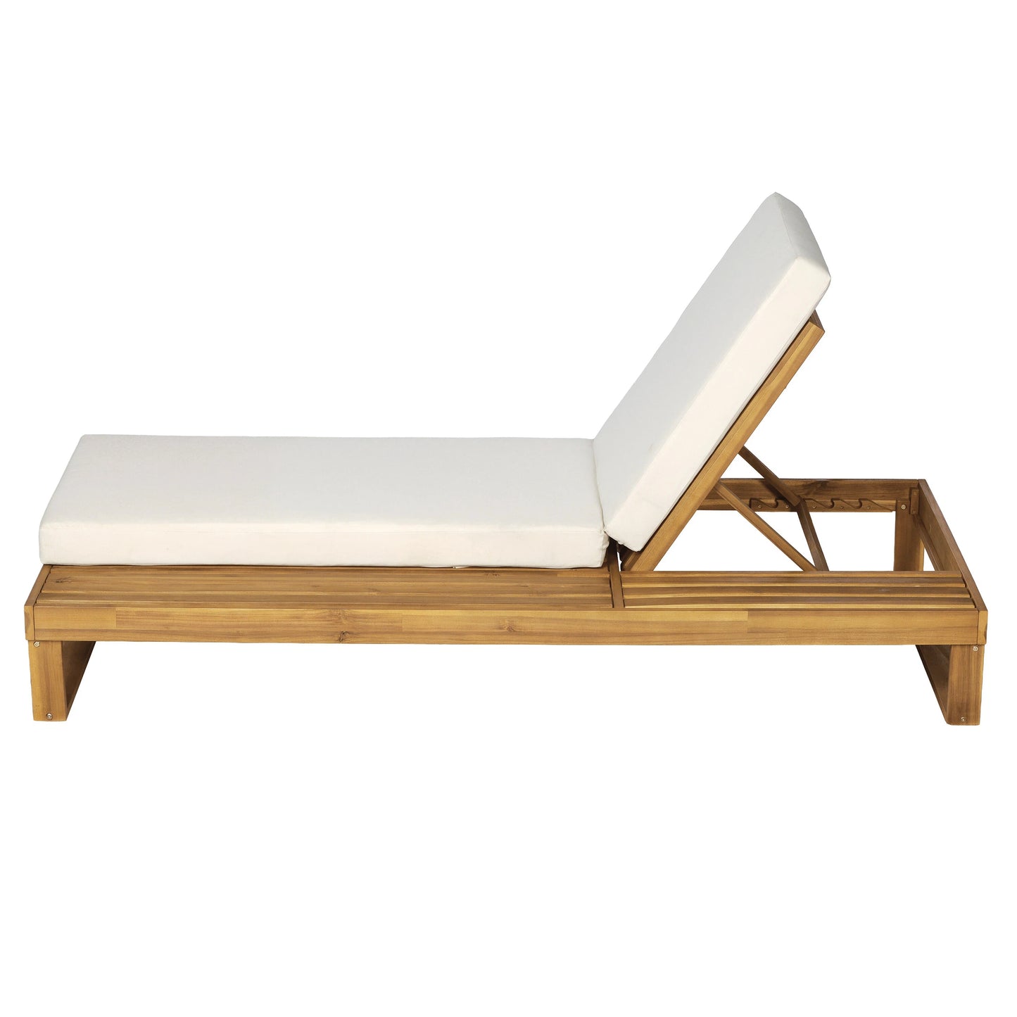 Teak Finish Acacia Wood Chaise Lounge with 4-Inch Cream 2-Fold Cushion Set, 4-Position Adjustable Outdoor Patio Lounger with Flat Side Surface, for Poolside - Matching dark grey version available image 12