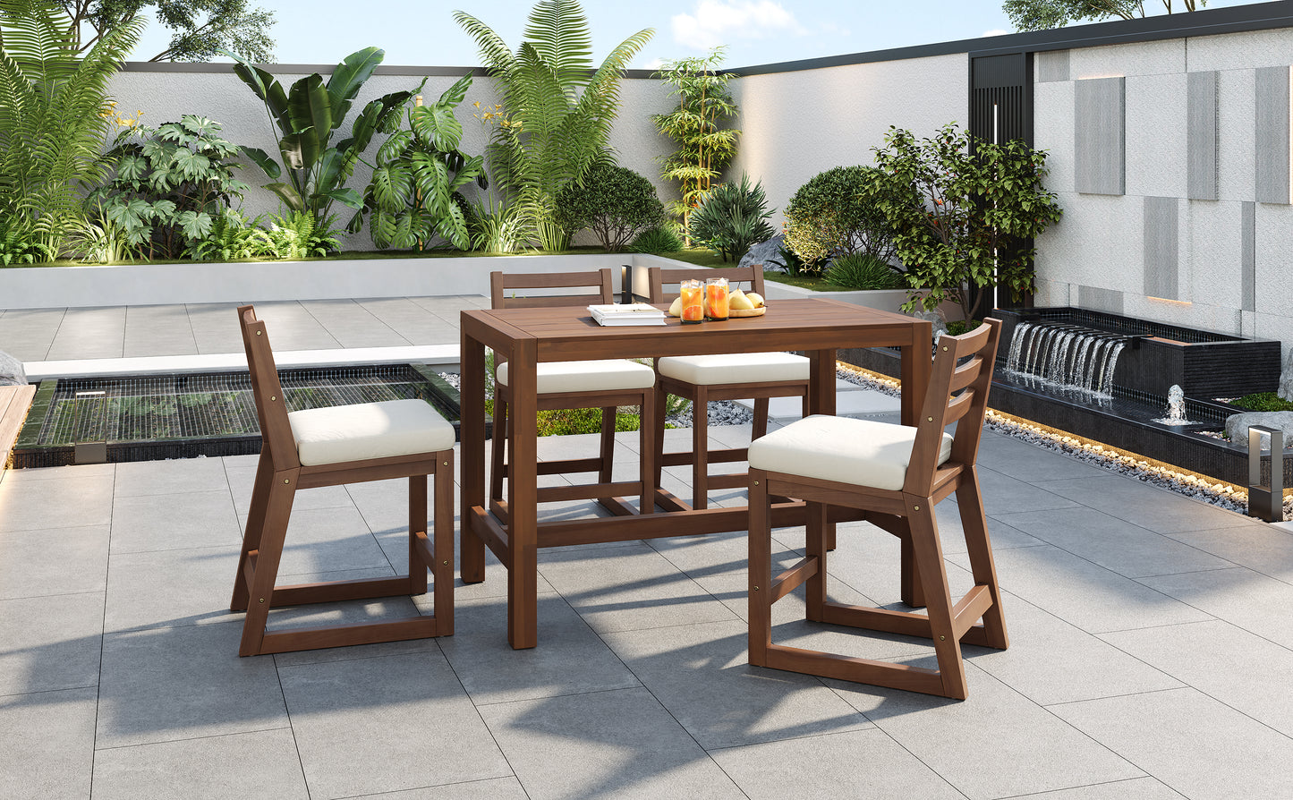 TREXM 5-Piece Rustic Patio Bar Set, Patio Table and Chairs Set with Ergonomic Chairs, Solid Wood Slatted Tabletop for Poolside, Balcony, Backyard, Porch (Mocha+Beige Cushion) image 12
