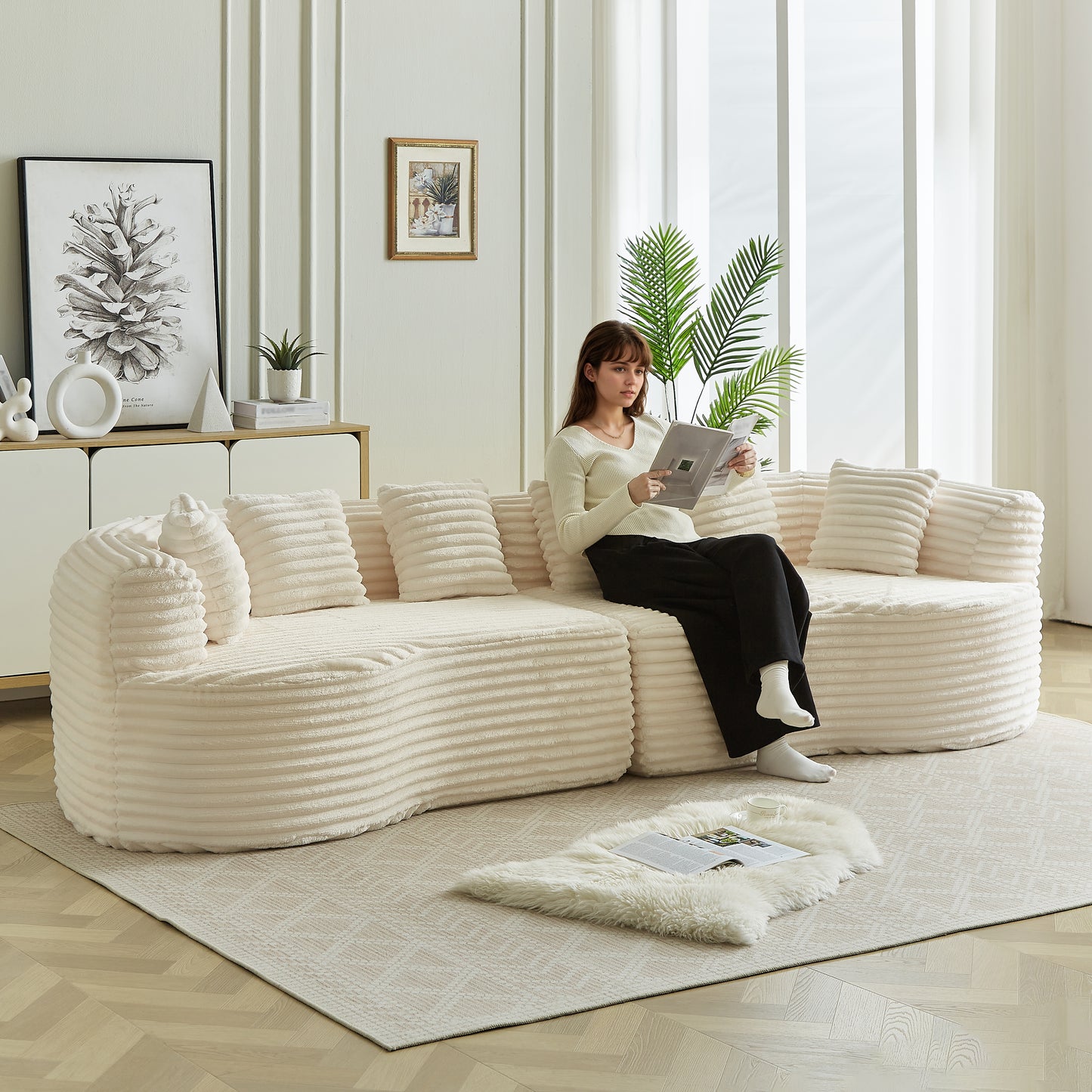 Curved Sectional Sofa, 111.5-inch Oversized Modern Bone-Free Cloud Sofa with 6 Pillows Luxury Corduroy Four-Seater Memory Foam Sofa with Deep Seat Design,beige W3505P355585 image 12