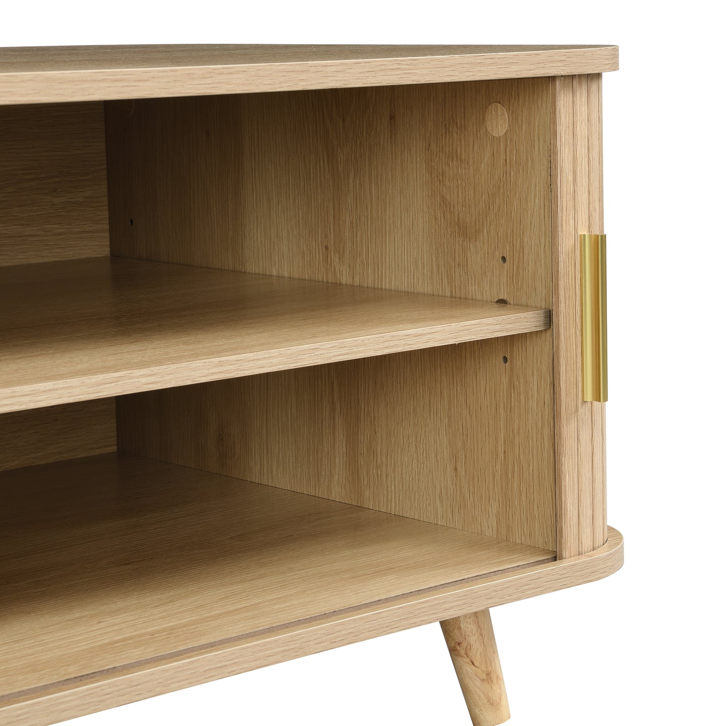 Modern Mid-Century Coffee Table with Storage: Natural Wood Finish, 4 Open Shelves & 2 Doors, For Living Room, Entertainment Center, Home Theater image 12