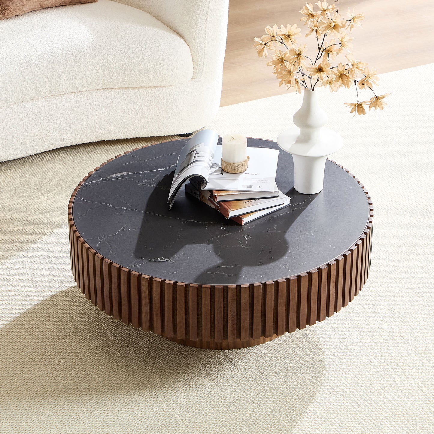 35.43'' Nesting Round Sintered Stone Tabletop Modern Drum Coffee Table Luxury Circle Coffee Table for Apartment Walnut image 12