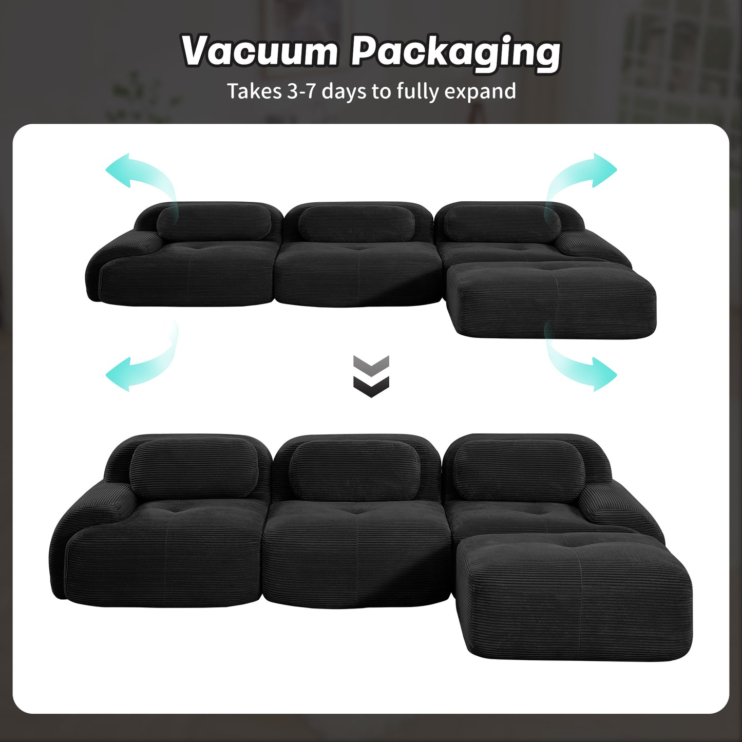 L-shaped modular sofa no assembly ergonomic design pet-friendly luxuryCorduroy Fabric fabric extra-wide curved armrests 32D high-resilience sponge for living rooms bedroom,Black image 12