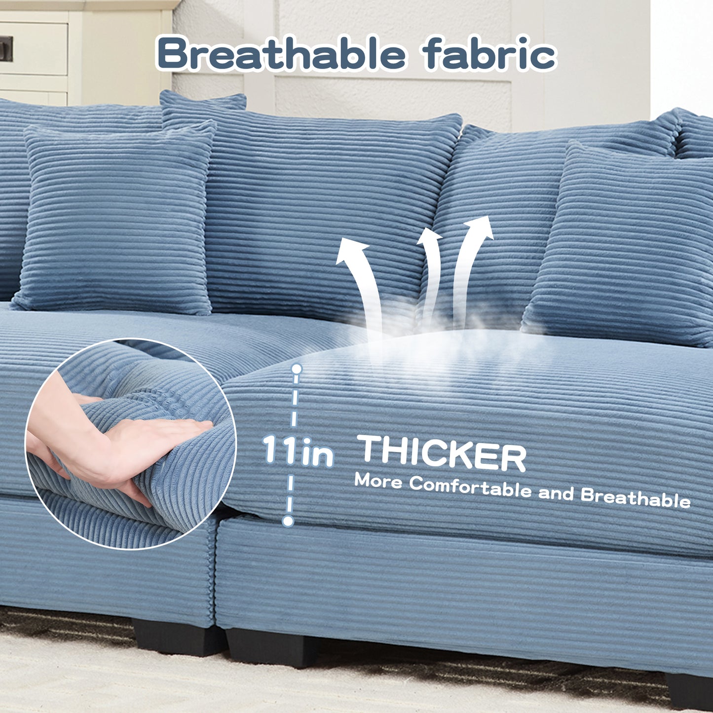 Oversized Cloud Modular Sectional Couch,Convertible Sectional Couches Deep Seat Extra-Wide Armrests, 13Throw Pillows Premium Corduroy Fabric, Ergonomic Design,Easy Assembly, For Living Rooms,Blue image 12