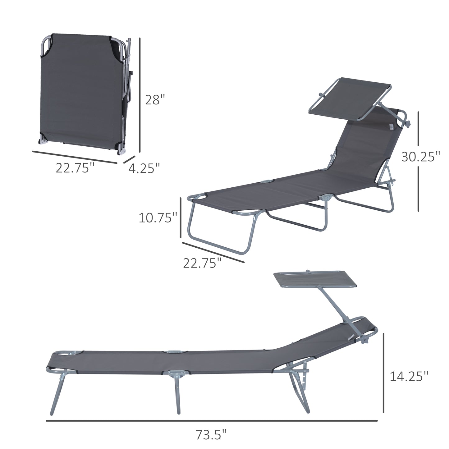Outsunny Outdoor Lounge Chair, Adjustable Folding Chaise Lounge, Tanning Chair with Sun Shade for Beach, Camping, Hiking, Backyard, Gray image 3