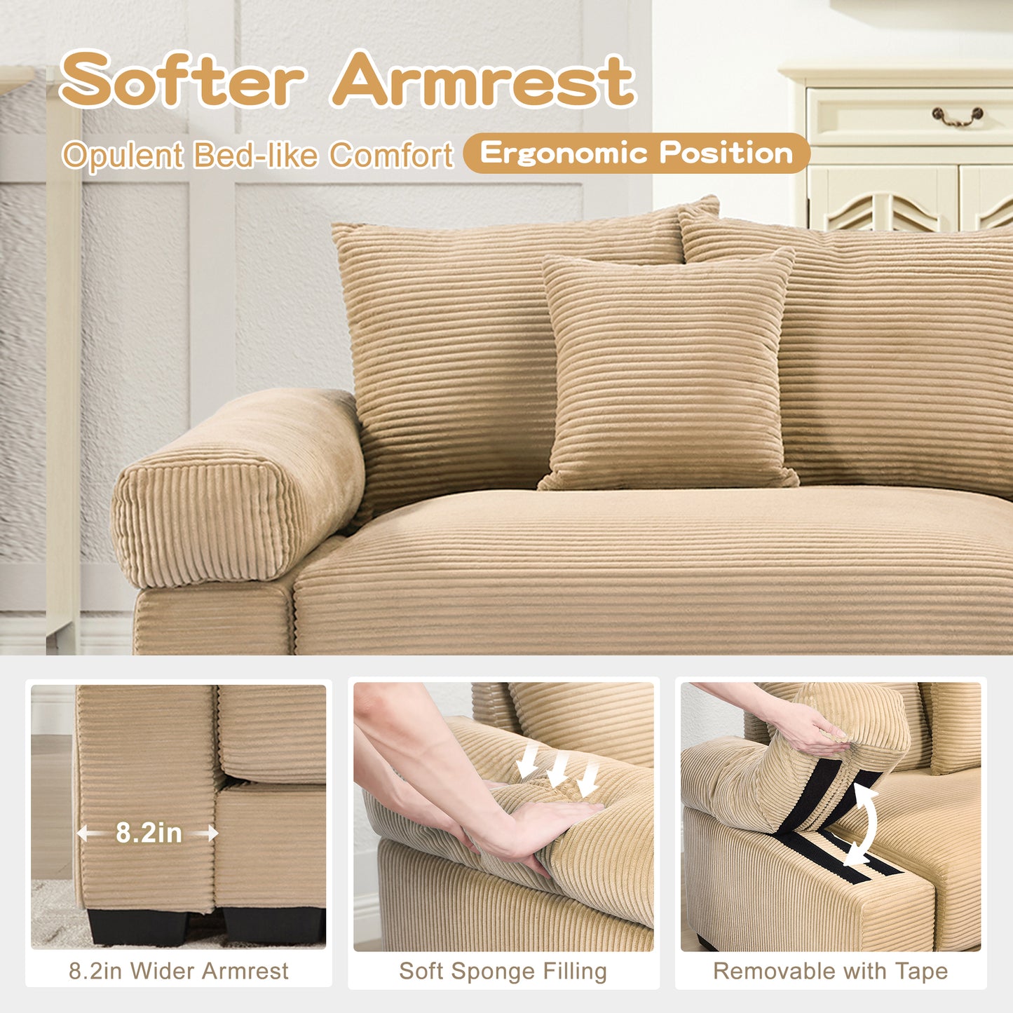 92" Oversized Cloud Modular Sectional Couch,Corduroy Fabric Extra-Wide Armrests Throw Pillows Ergonomic Design High Resilience Cushion Easy Assembly,For Living Rooms Bedrooms,Camel image 12