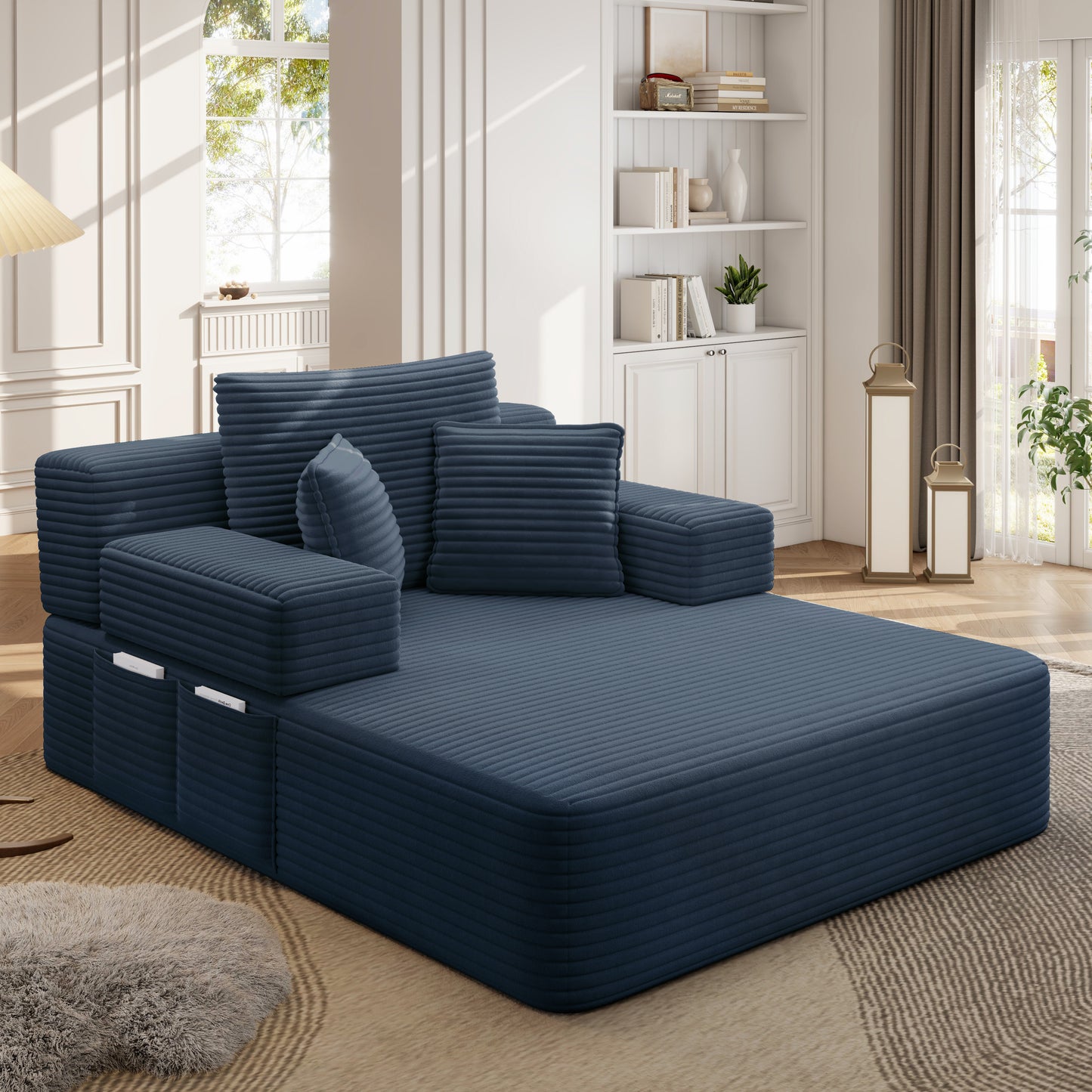 Luxurious Plush Corduroy Chaise Lounge with 3 Pillows, Convertible Sofa Bed with Storage Pocket, Frameless Design & Compression Foam for Small Spaces, Living Room, Apartment,Blue image 12