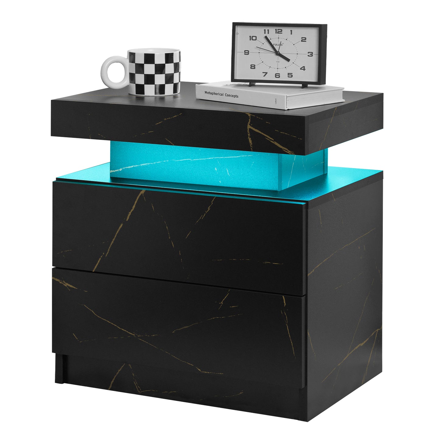 Nightstand LED Bedside Table Cabinet Lights Modern End Side with 2 Drawers for Bedroom (Black Gold) image 8