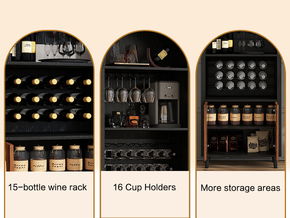 71"Farmhouse Arched Wine Bar Cabinet: tall arched display cabinet, arch black cabinets &coffee bar, whiskey station with wine rack and Wine Glass Holder - Liquor Bars Cabinet for Living Dining Room image 12