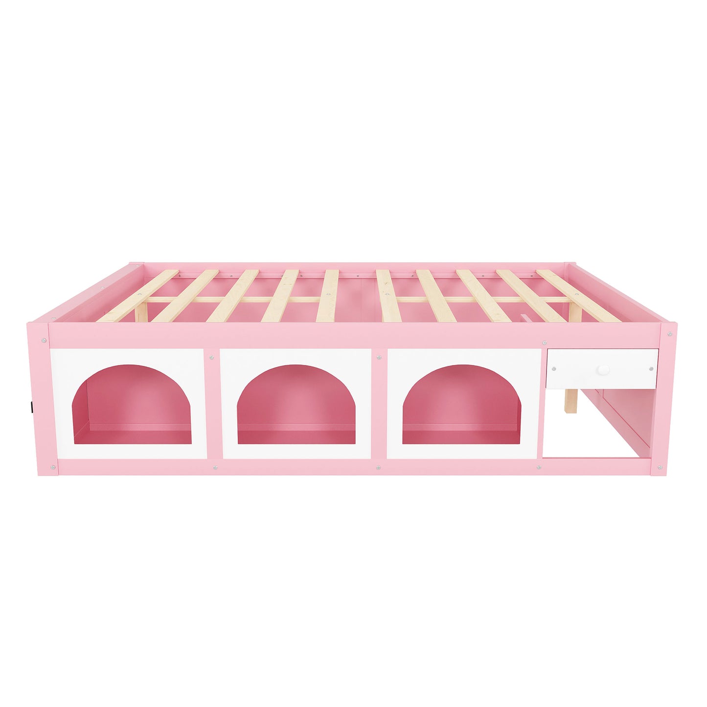 Queen Size Wooden Platform Bed with Bookshelf, Display Cabinet, LED Light and Drawer, Pink+White image 12