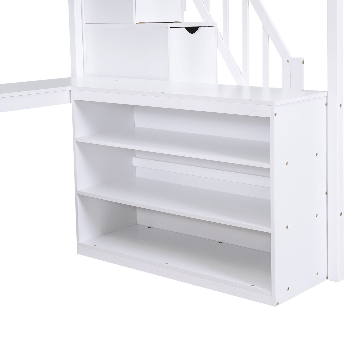 Full Size Loft Bed with Built-in L-Shaped Desk and Three-Tier Storage Shelves,and Attached Storage Staircase, White(Old image 19