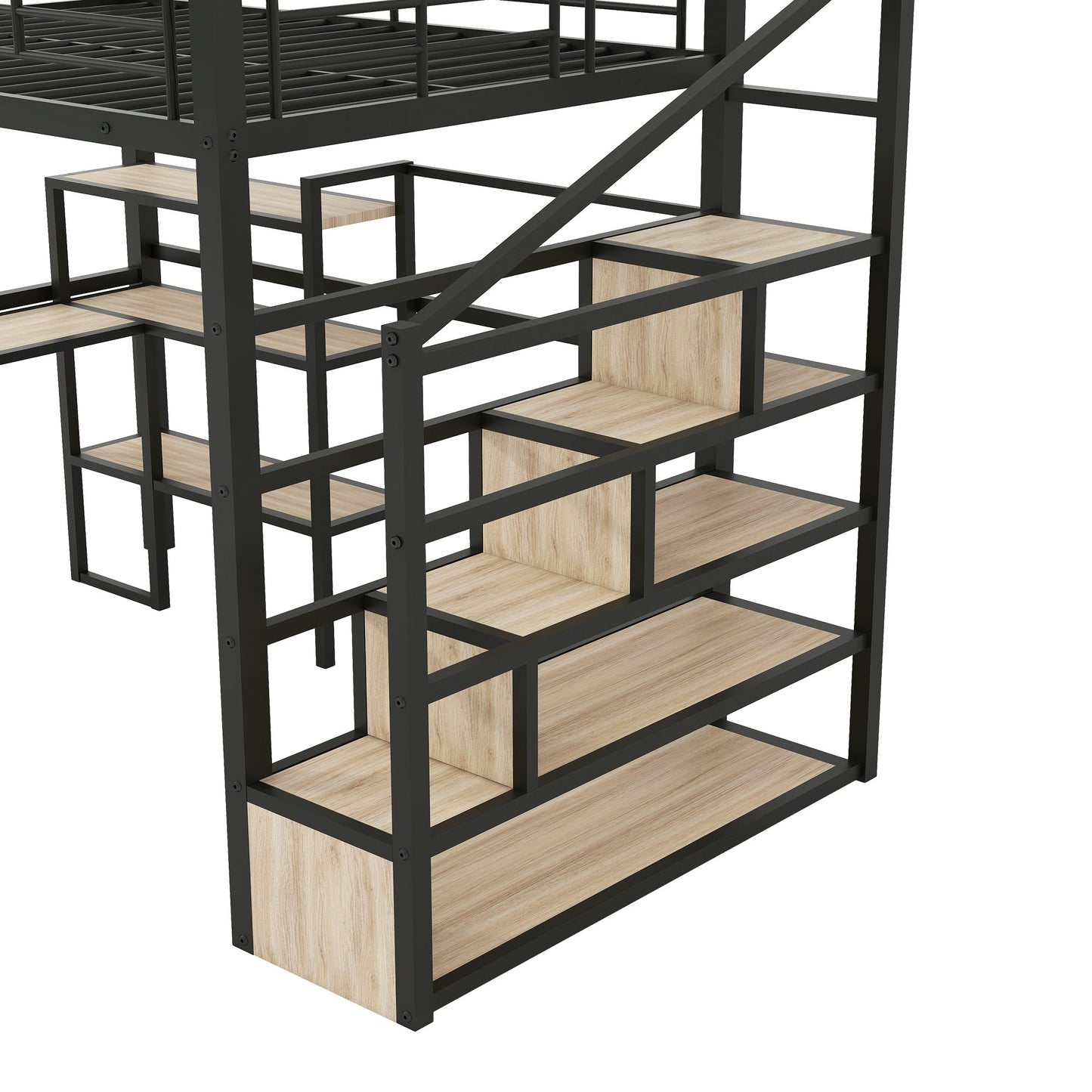 Full Size Metal Loft bed with Staircase, Built-in Desk and Shelves, Black image 16