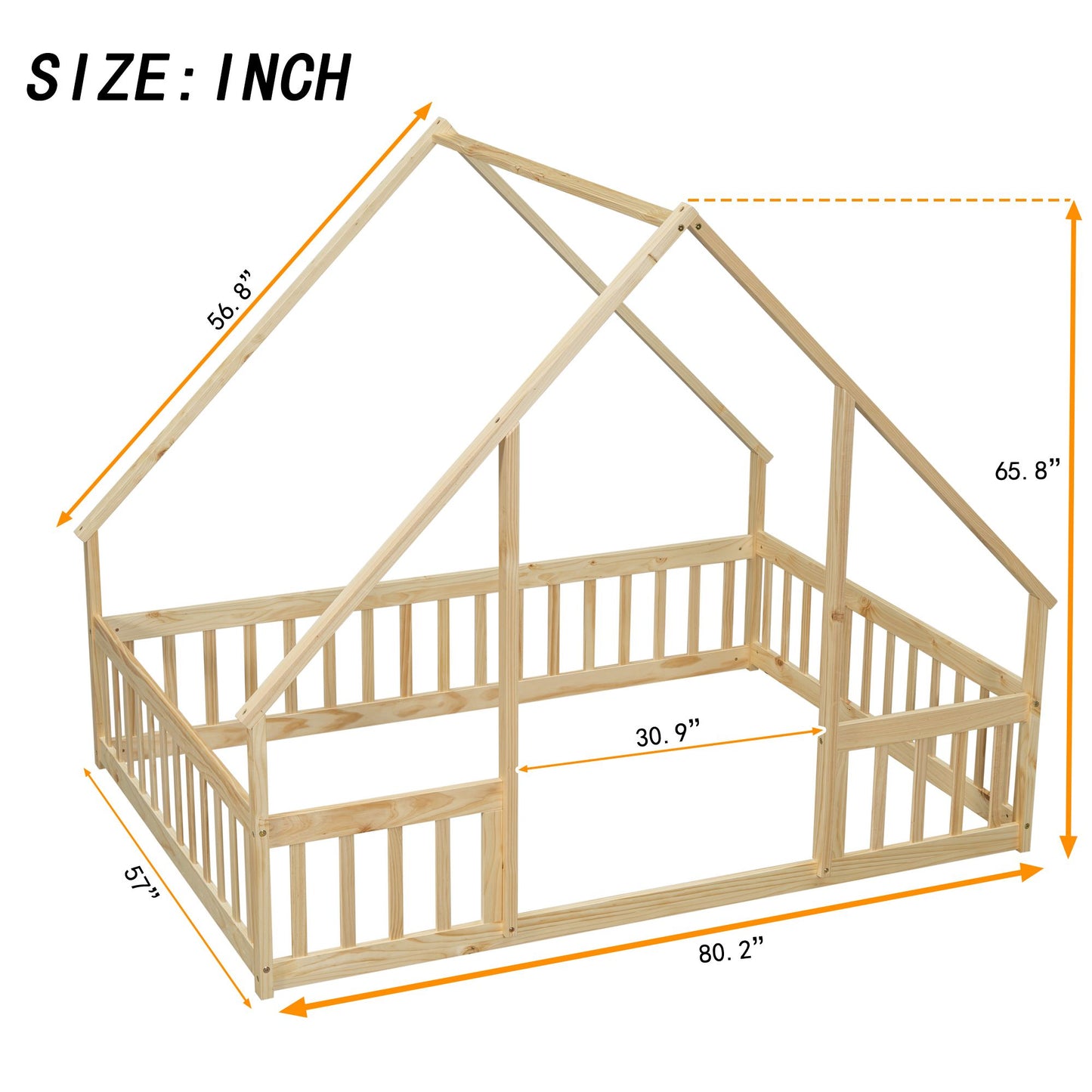 Full Wood House-Shaped Floor Bed with Fence, Guardrails,Natural image 20