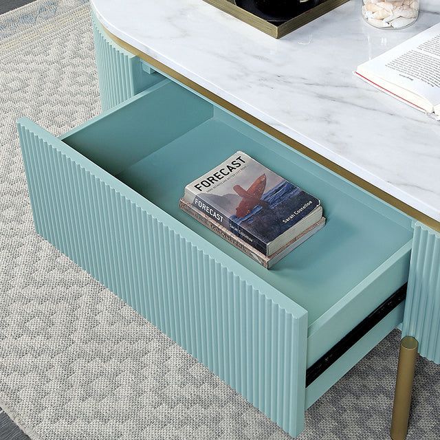 Glam Contemporary Light Teal 1pc Coffee Table White Faux Marble Top Living Room Table W Drawer image 7