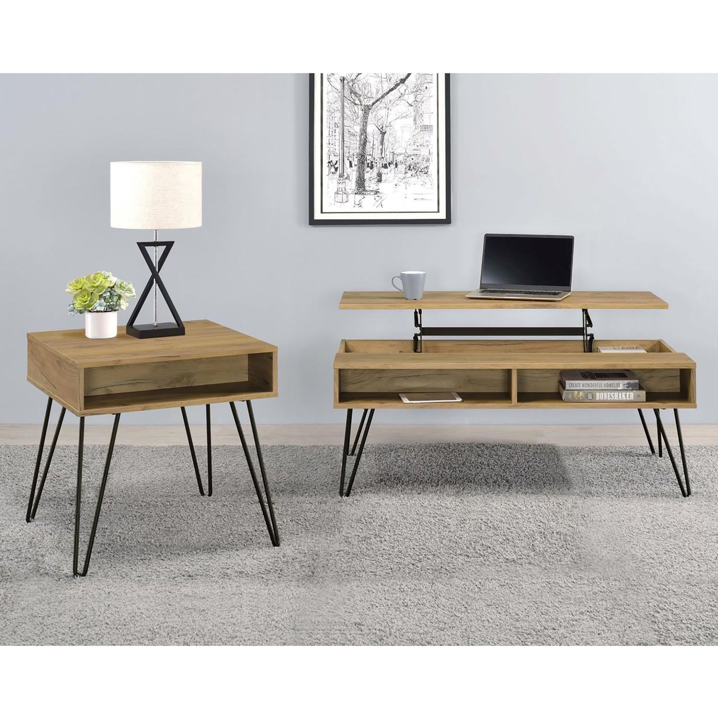 Golden Oak and Black Square End Table image 5