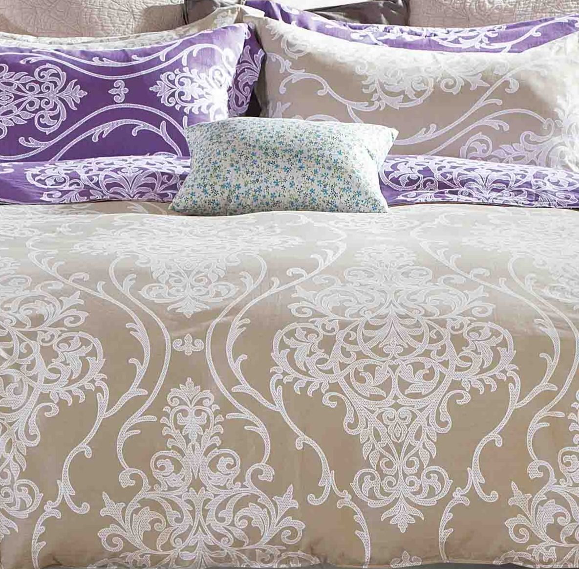 Hermman Beige/Purple Damask 100% Cotton Comforter Set image 3