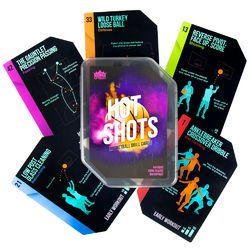 Hot Shots Basketball Drill Cards deck in sweatproof case with drill cards spread out showing basketball training drills