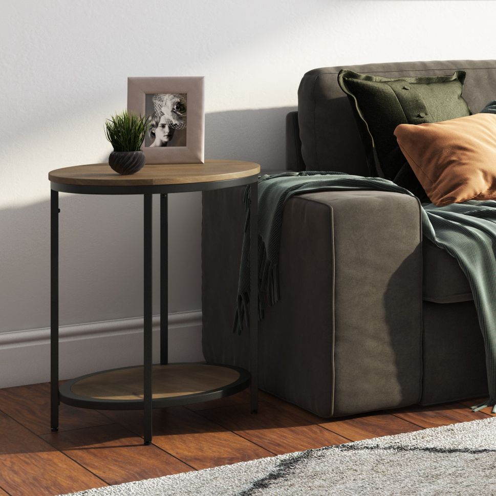 Jenna 18 inch Wide Solid Mango Wood and Metal Round Side Table in Warm Grey image 6
