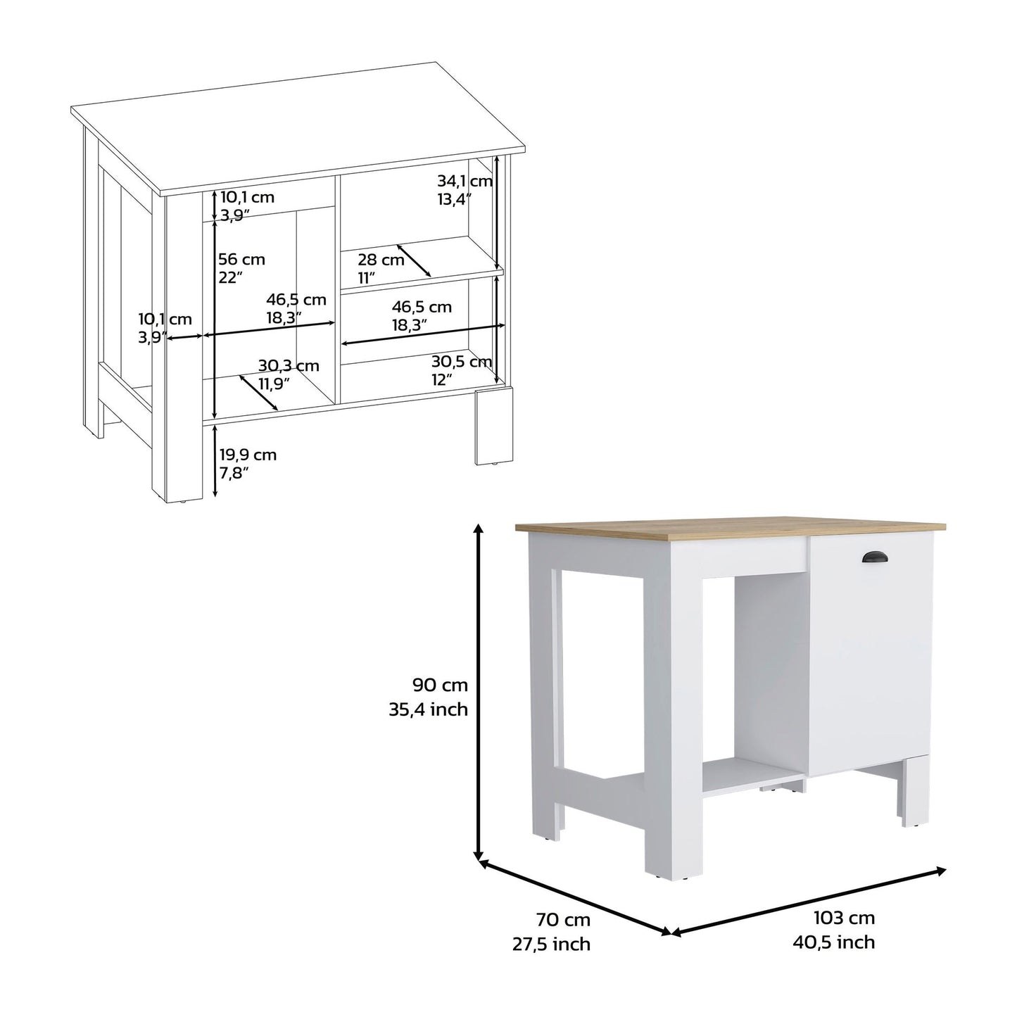 Kitchen Island 35" H, One Storage Cabinet with Door, Two Internal Shelves, One Open storage Shelf, White/Macadamia image 7