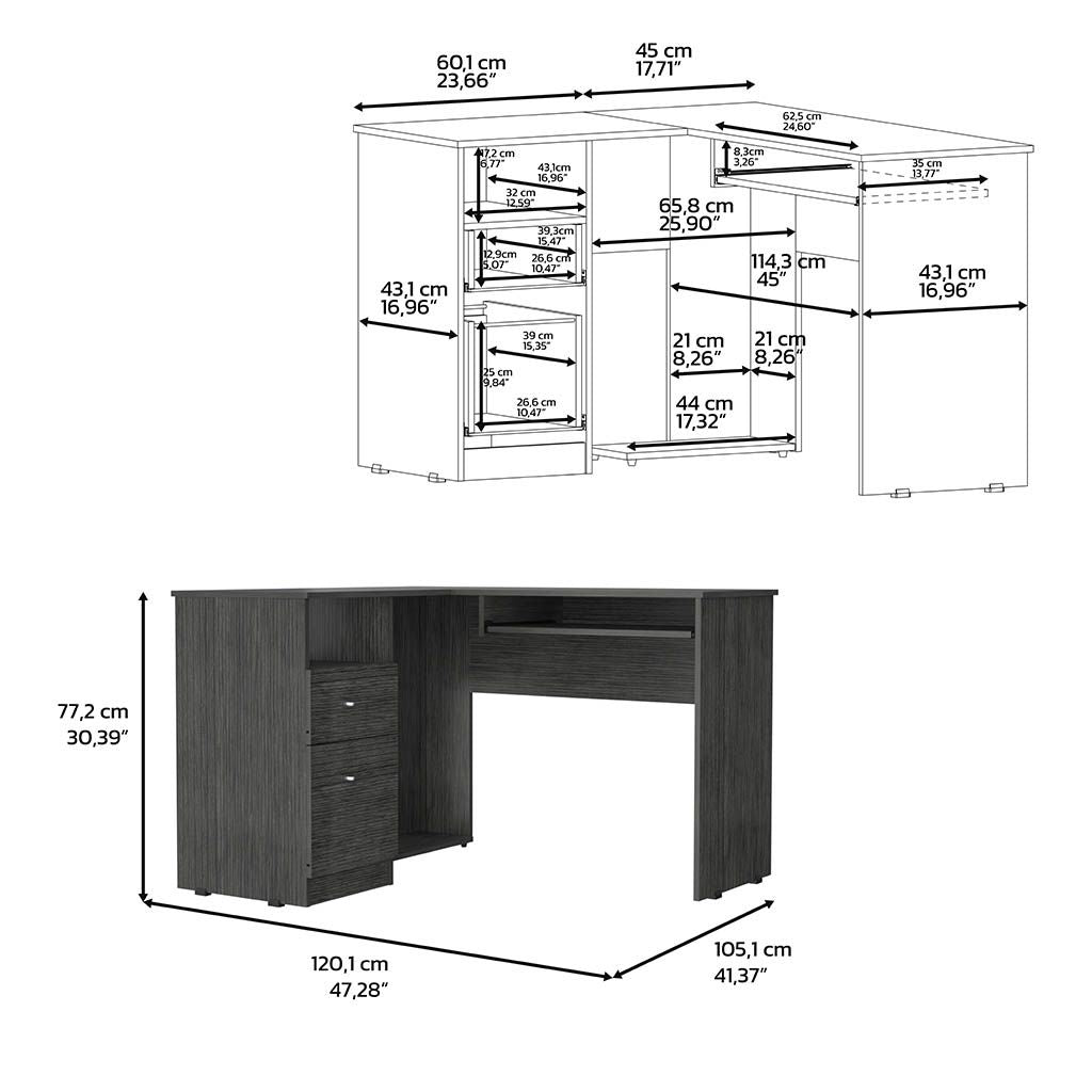 L-Shaped Desk, Keyboard Tray, Two Drawers, One Open Shelf, Smokey Oak image 5