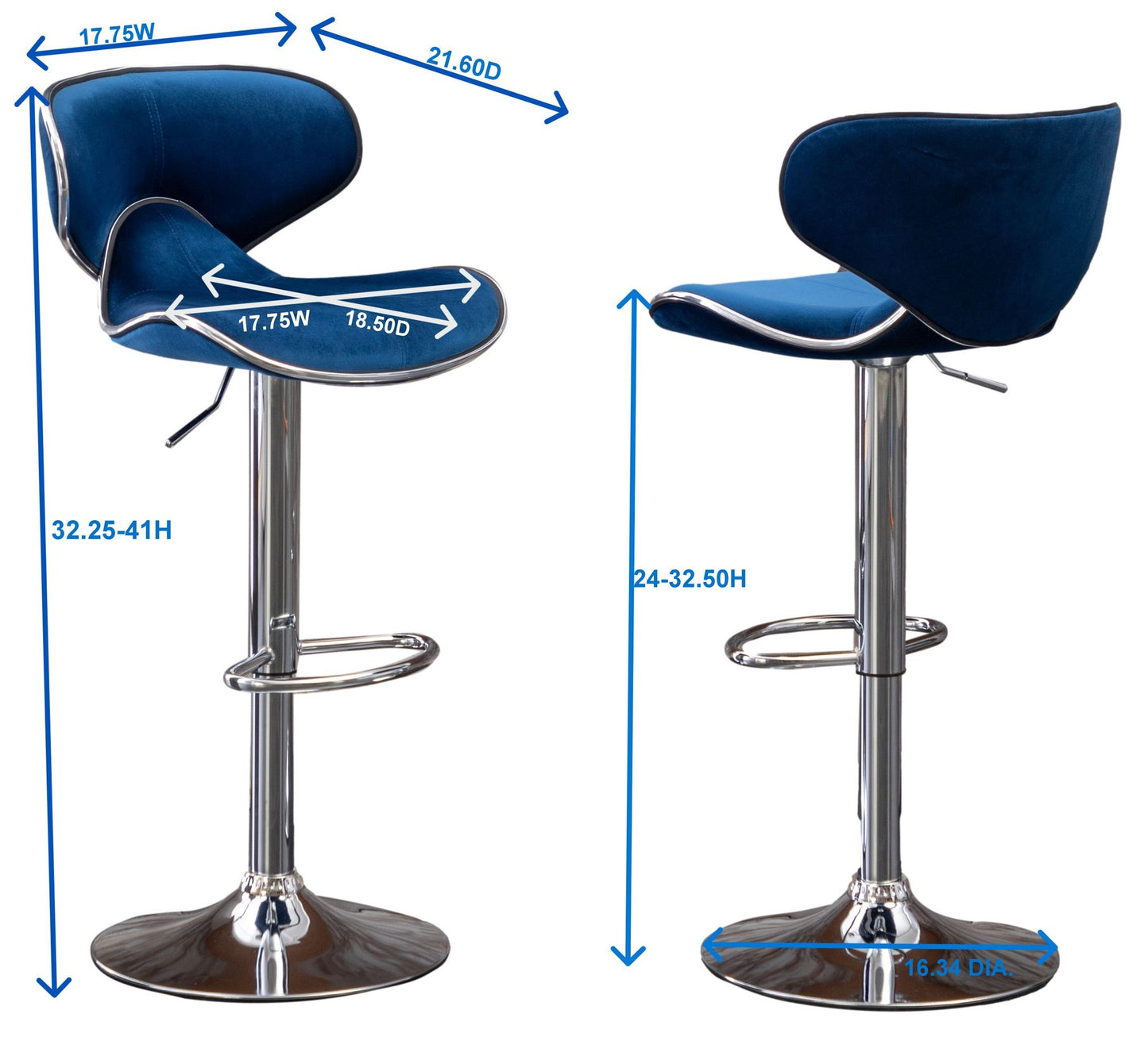 Masaccio Velvet Upholstered Adjustable Swivel Barstool, Set of 2, Blue image 17
