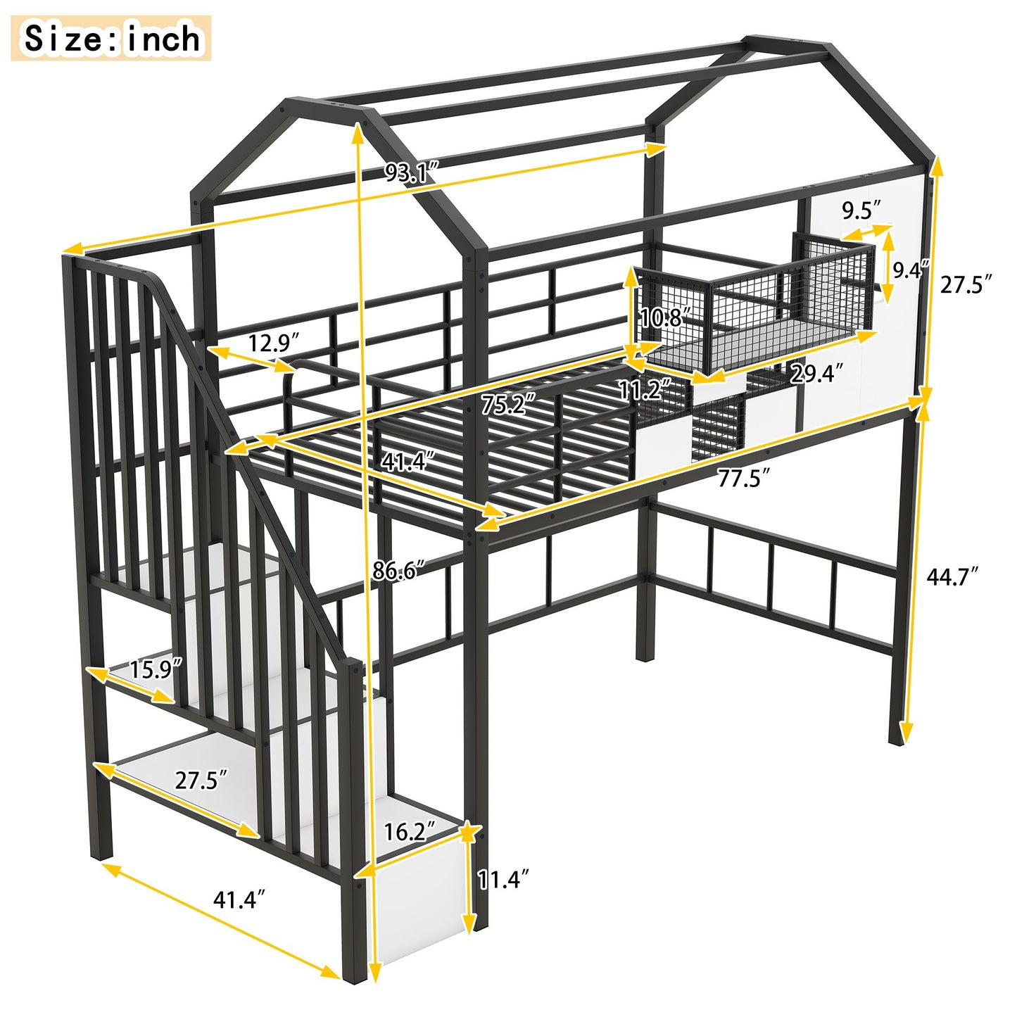 Metal Loft Bed with roof design and a storage box, Twin, Black image 15