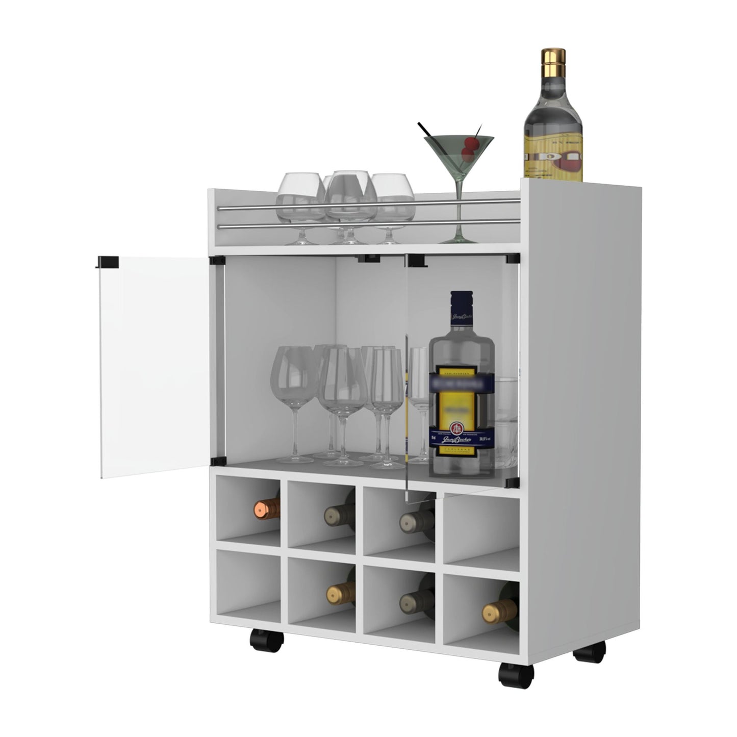 Minneapolis Bar Cart with Integrated 8-Bottle Rack, Glass Encased Cabinet and Aluminum Bar Top image 7