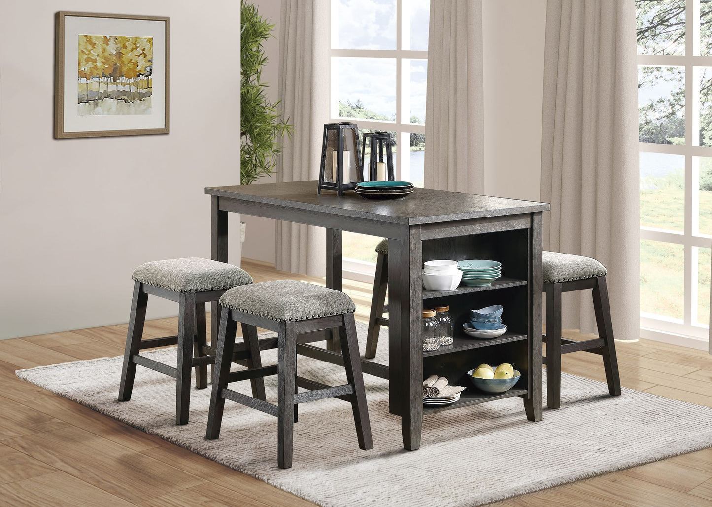 Modern Gray 1pc Counter Height Table with Built-in Shelves Wooden Multifunctional Kitchen Dining Room Furniture image 6