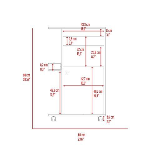 Modern Kitchen Cart 39" H, Single Door Cabinet, Four Wheels, One Side Shelf, White image 7