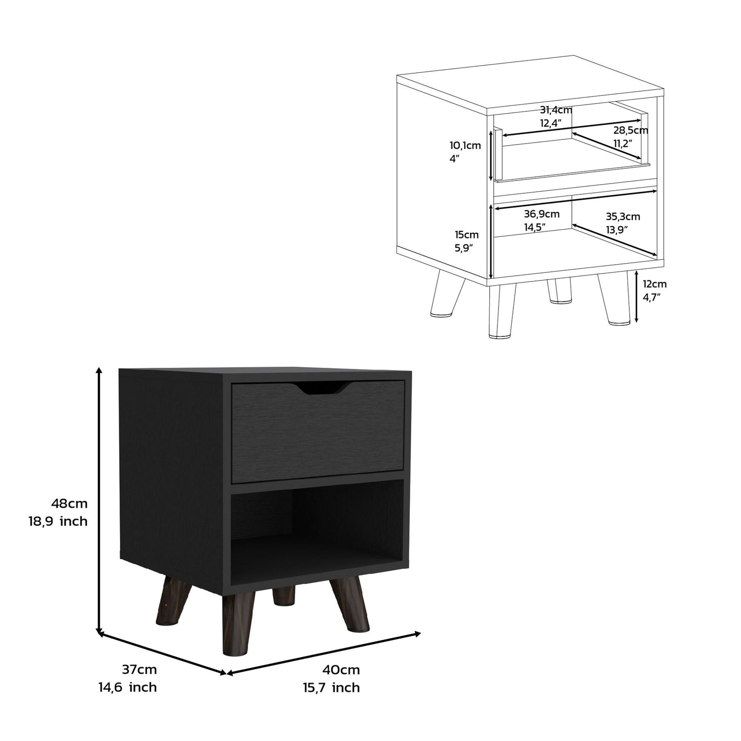 Modern Nightstand 19"H with Spacious Drawer, Open Storage Shelf and Chic Wooden Legs, Black image 7