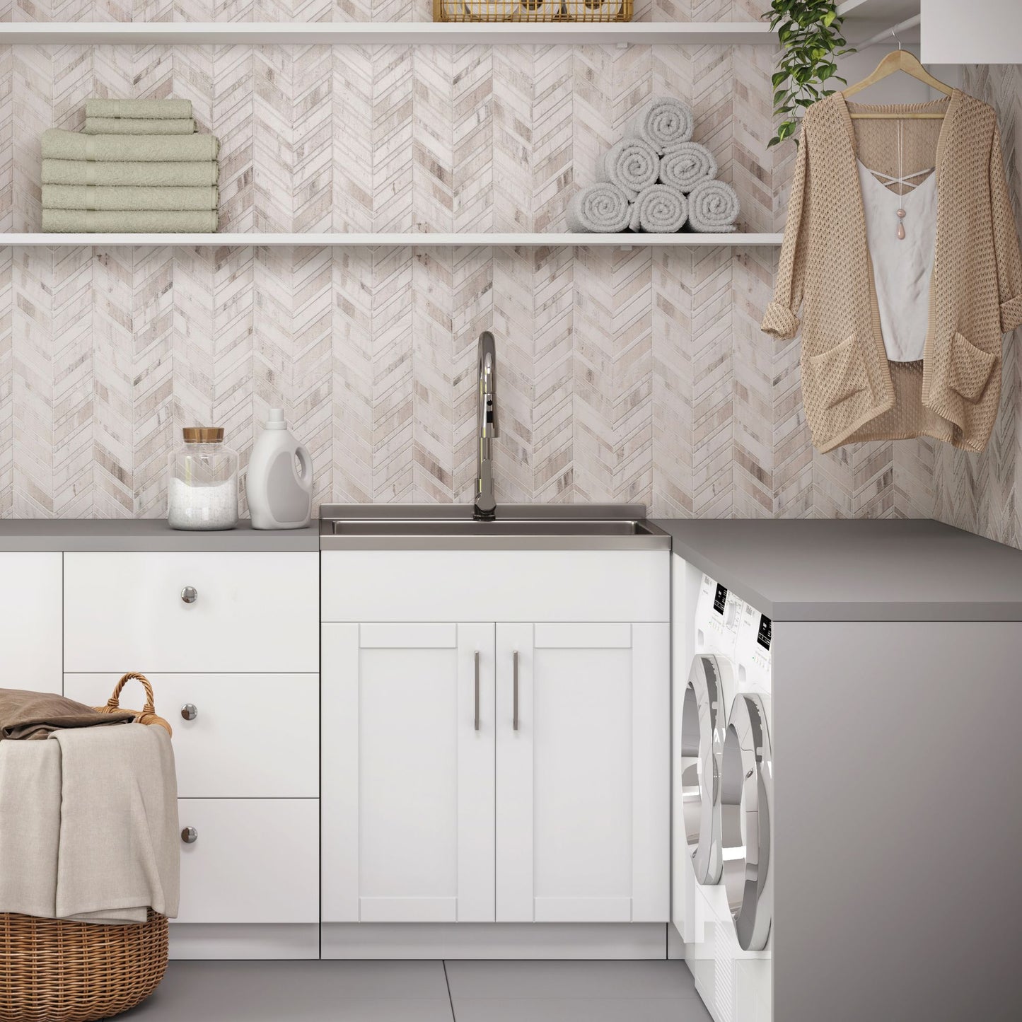 Modern Wide Shaker - 28" Laundry Cabinet with Faucet and Stainless Steel Sink - White image 9