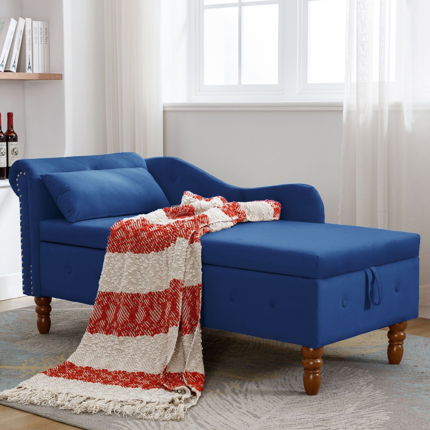 Navy Blue Chaise Lounge Indoor,Velvet Lounge Chair for Bedroom with Storage & Pillow,Modern Upholstered Rolled Arm Chase image 15