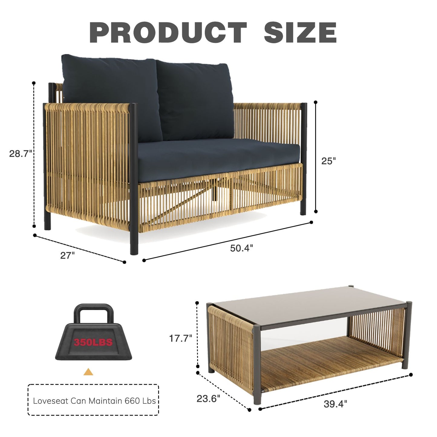 New Comming Outdoor PE Brown Wicker 2seats Sofa with Grey Cushion and Table Set image 11