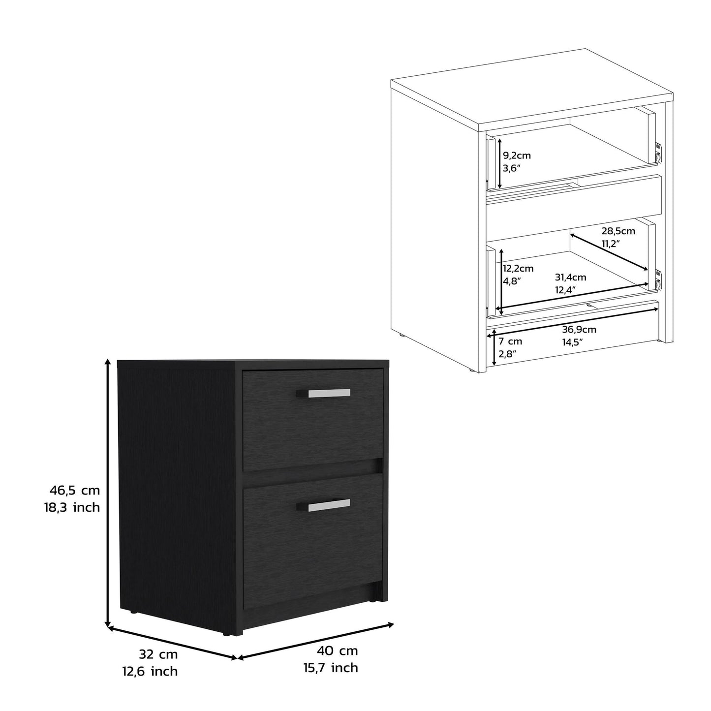 Nightstand 18"H , 2 Drawers with Metal Handles, Black image 5