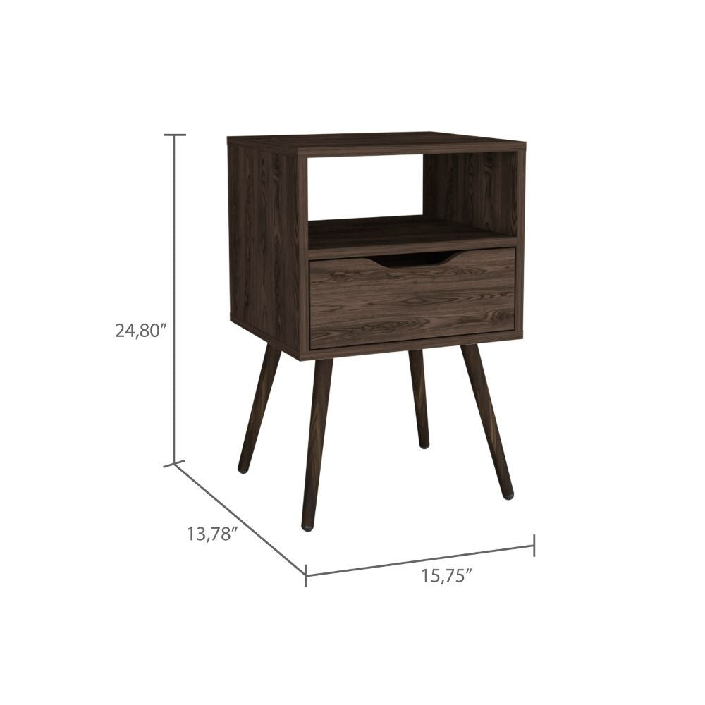 Nightstand 25"H, Superior Top, Four Legs, One Open Shelf, One Drawer, Dark Walnut image 8