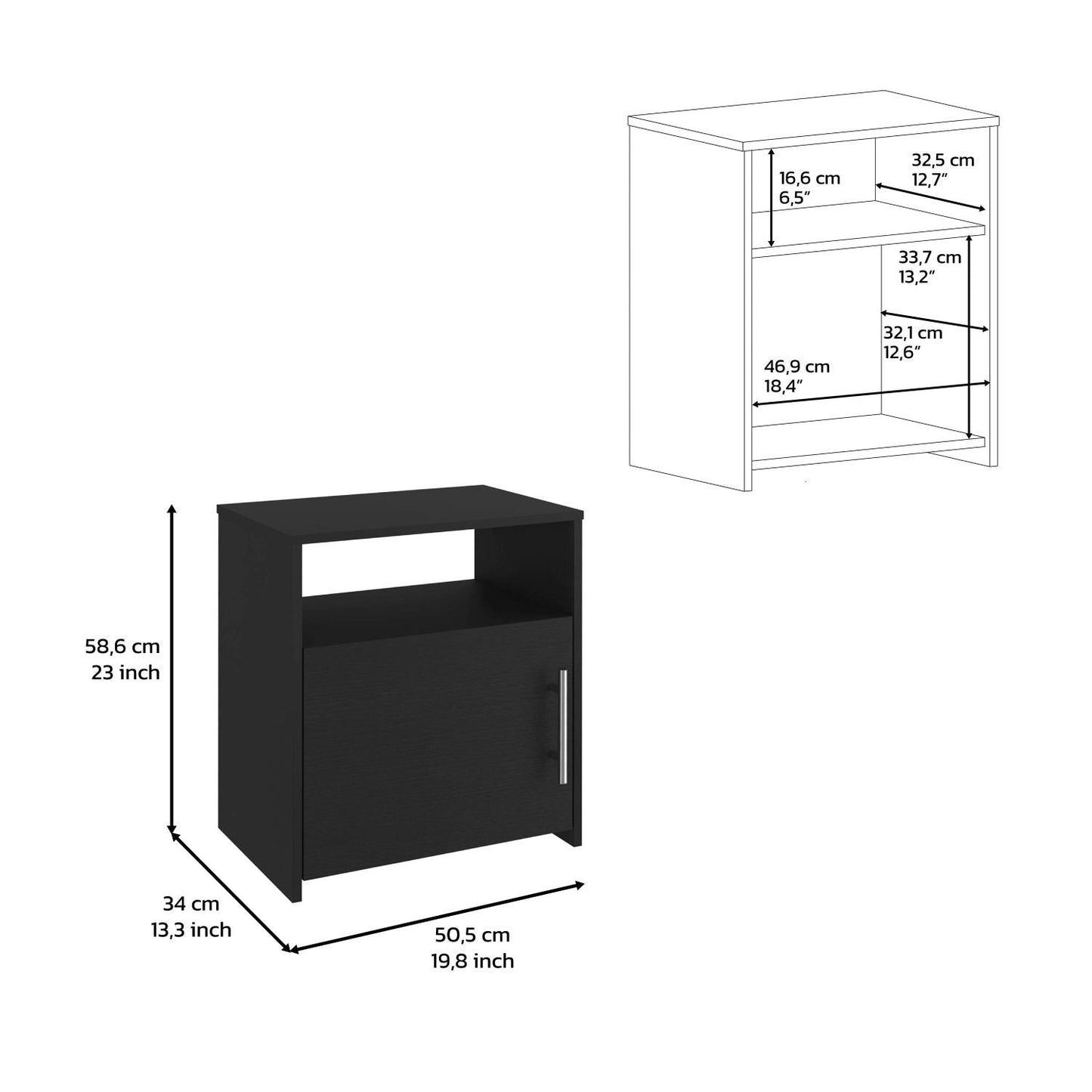 Nightstand, Single Door Cabinet, Metal Handle, One Shelf, Superior Top, Black image 5