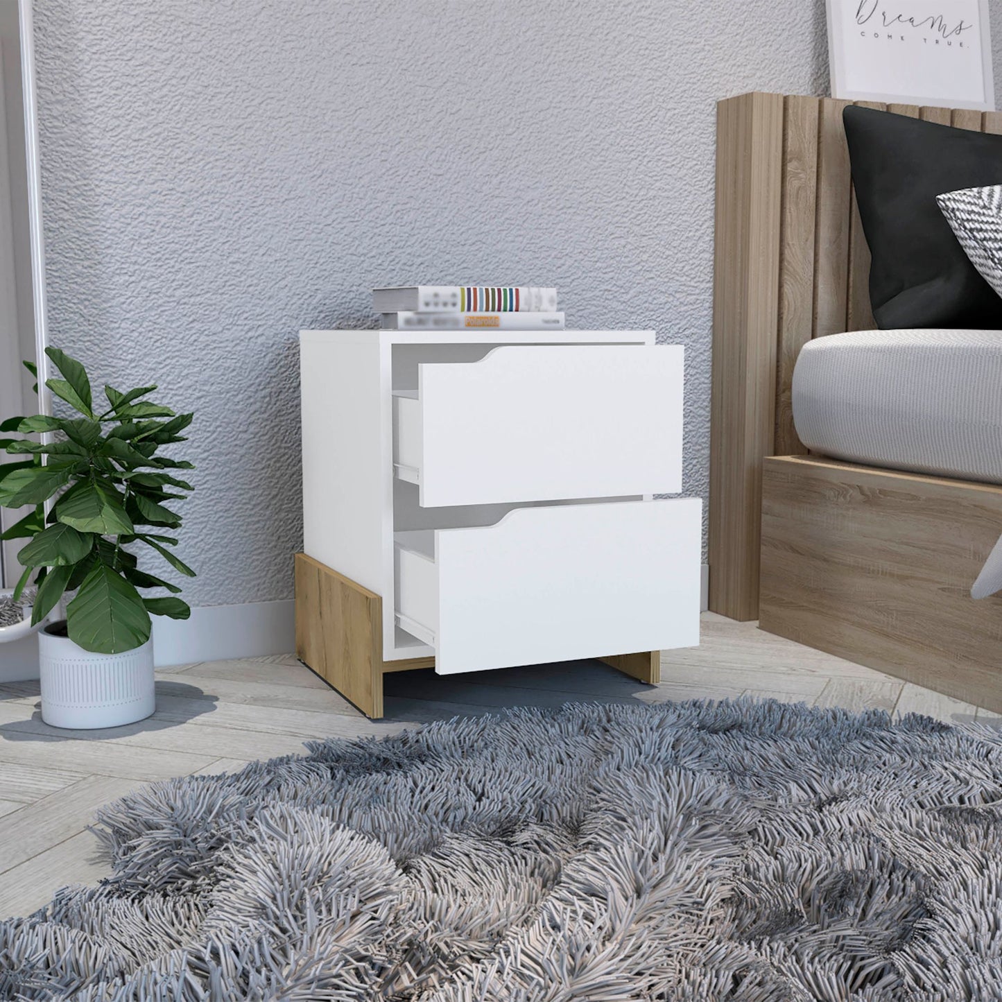 Nightstand with 2-Drawers, End Table with Sturdy Base, White / Macadamia image 5