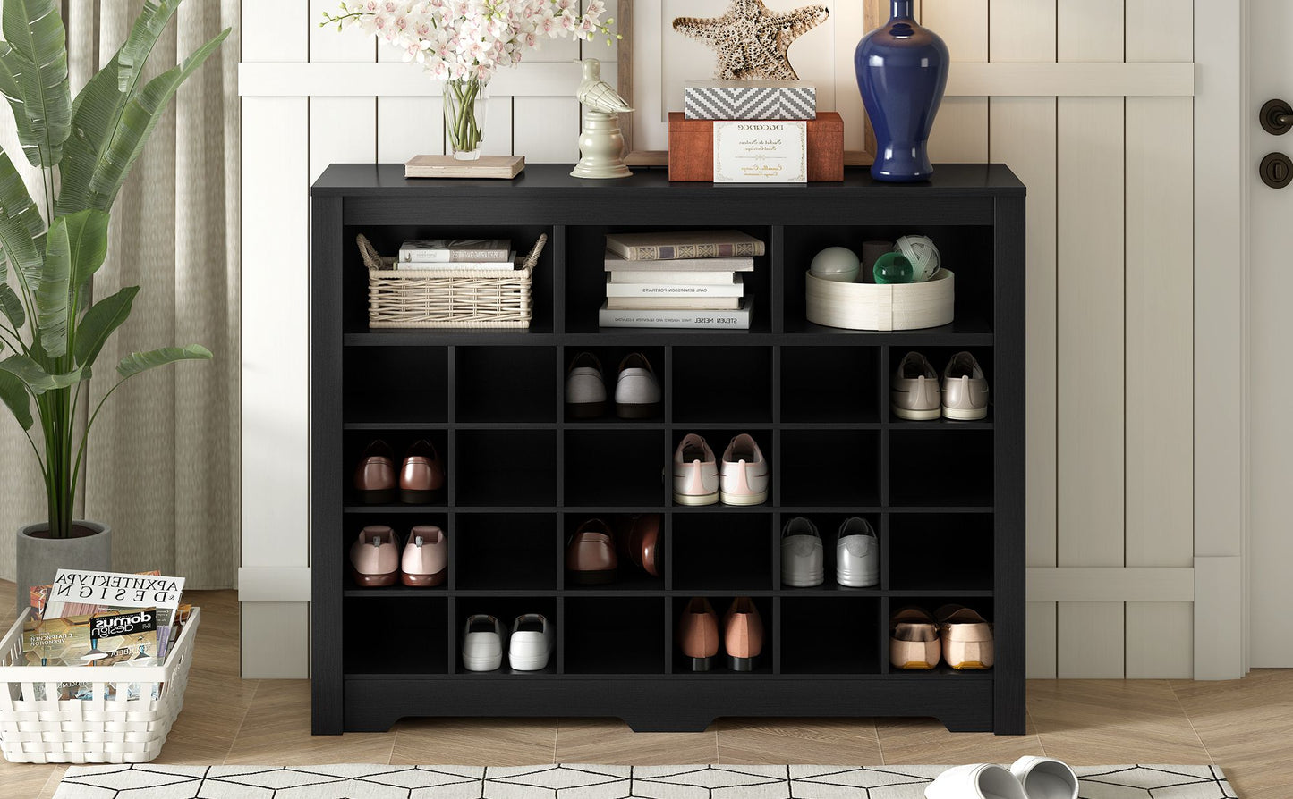 ON-TREND Sleek Design 24 Shoe Cubby Console, Modern Shoe Cabinet with Curved Base, Versatile Sideboard with High-quality image 15
