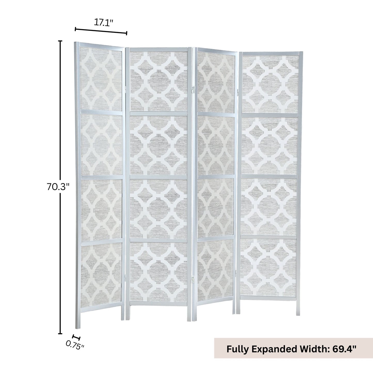 Quarterfoil infused Diamond Design 4-Panel Room Divider, Silver image 6