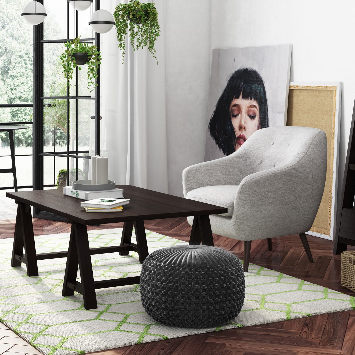 Renee 20 inch Wide Round Pouf in Slate Grey Velvet image 5
