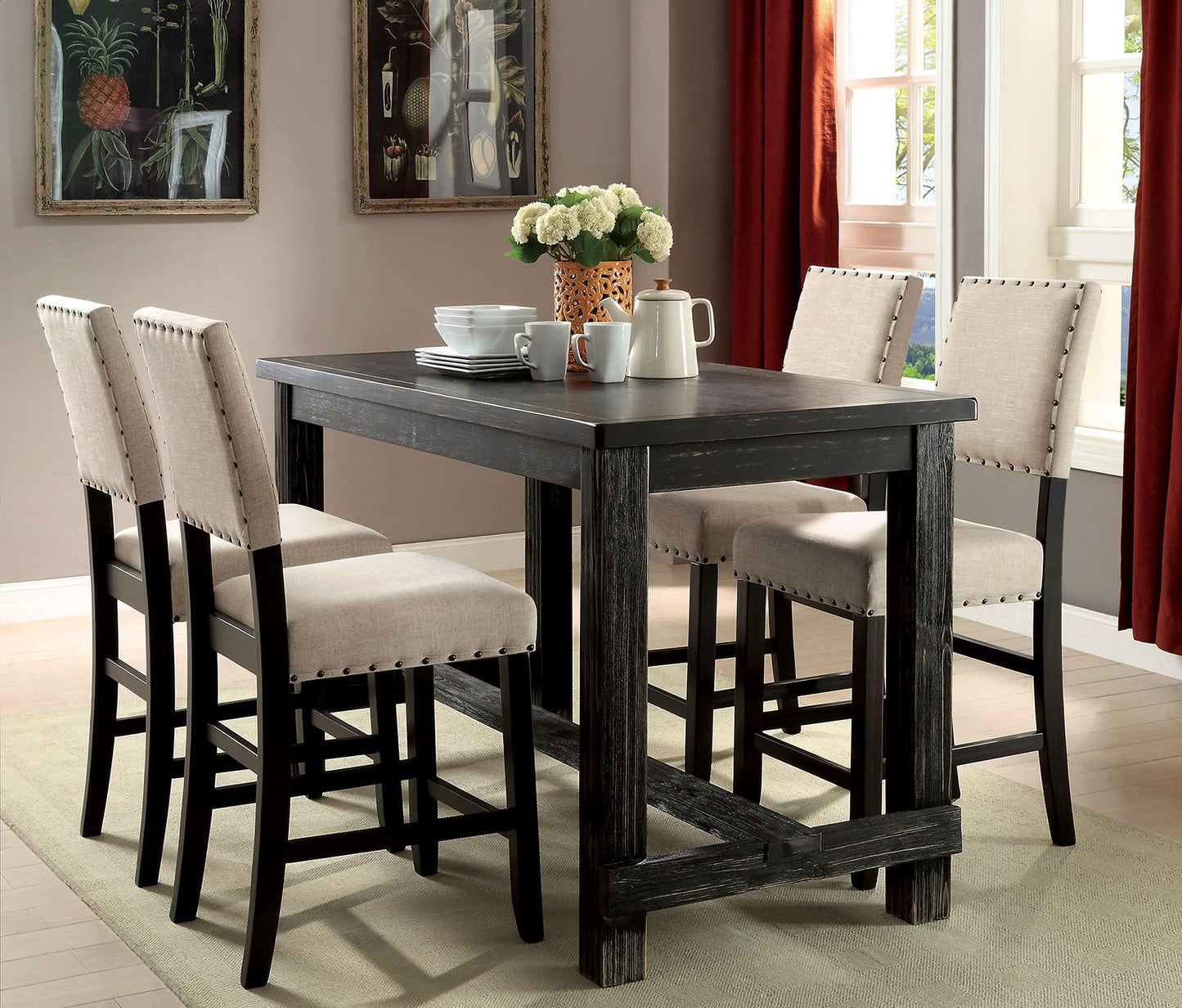 Rustic Charm Beige Linen Like Fabric 2pcs Counter Height Chairs Dining Room Furniture Nailhead Trim Antique Black Bold D image 7