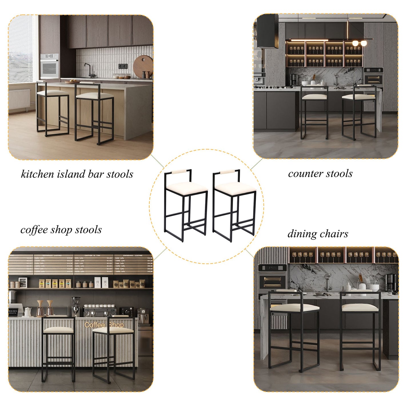 Set of 2 Barstools Faux Leather Upholstered Bar Stools Modern Metal Frame Dining Chairs for Counter, Kitchen Island (Bei image 8