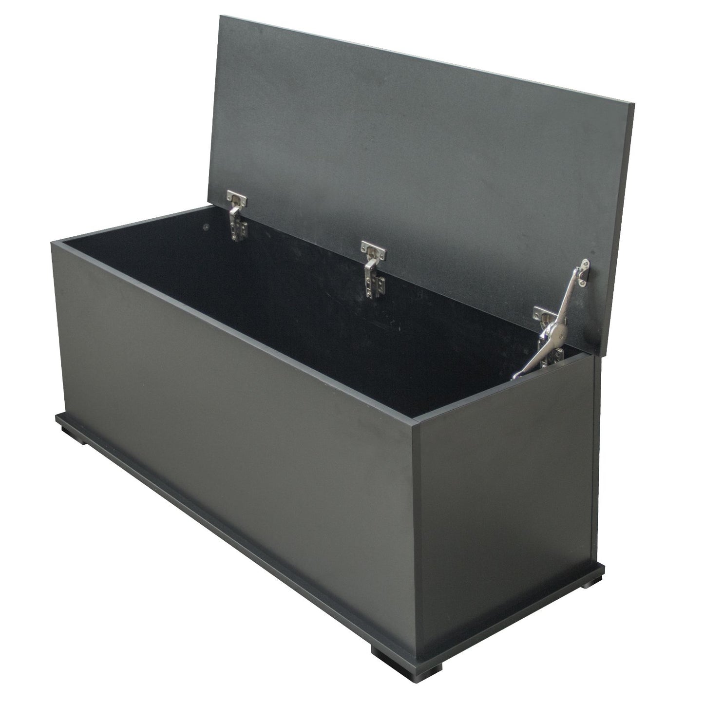Black storage chest trunk with lift top - full product view with dimensions label
